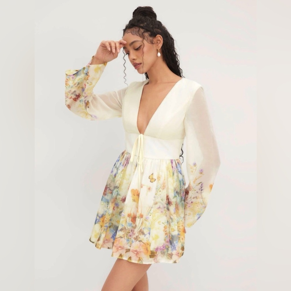 CIDER PLUNGING V-NECK FLORAL FLOWER KNOTTED RUFFLE LONG SLEEVE MINI DRESS - xs